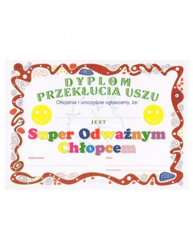 ZN.  Studex Dyplom Przekłucia Uszu dla chłopców